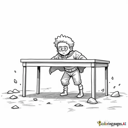 A tall table that has a caped superhero child under it while an earthquake is happening