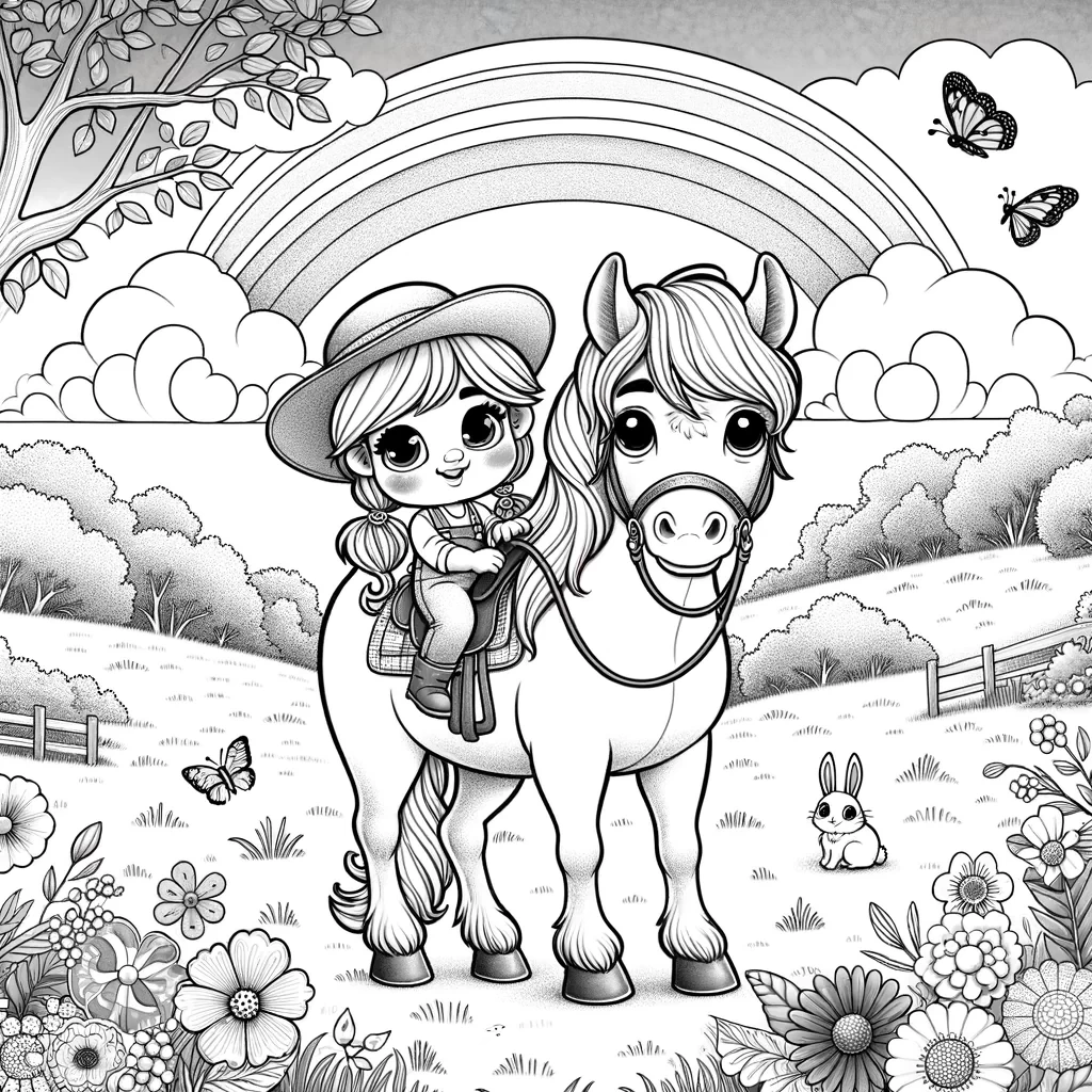 A gentle, friendly horse stands in a peaceful meadow with a 5-year-old girl sitting happily on its back. The girl, with big smiling eyes and pigtails, is wearing a wide-brimmed hat and holding the horse’s reins. The horse is calm, with a flowing mane, and both look joyful as they enjoy their ride. In the background, there are large, fluffy clouds, a bright rainbow, and butterflies fluttering around them. There’s also a cute bunny sitting near a patch of colorful flowers, watching the pair. The scene is simple, warm, and full of fun details for coloring.