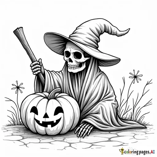 simple black and white Halloween coloring pages of pumpkins, ghouls, witches, and skeletons