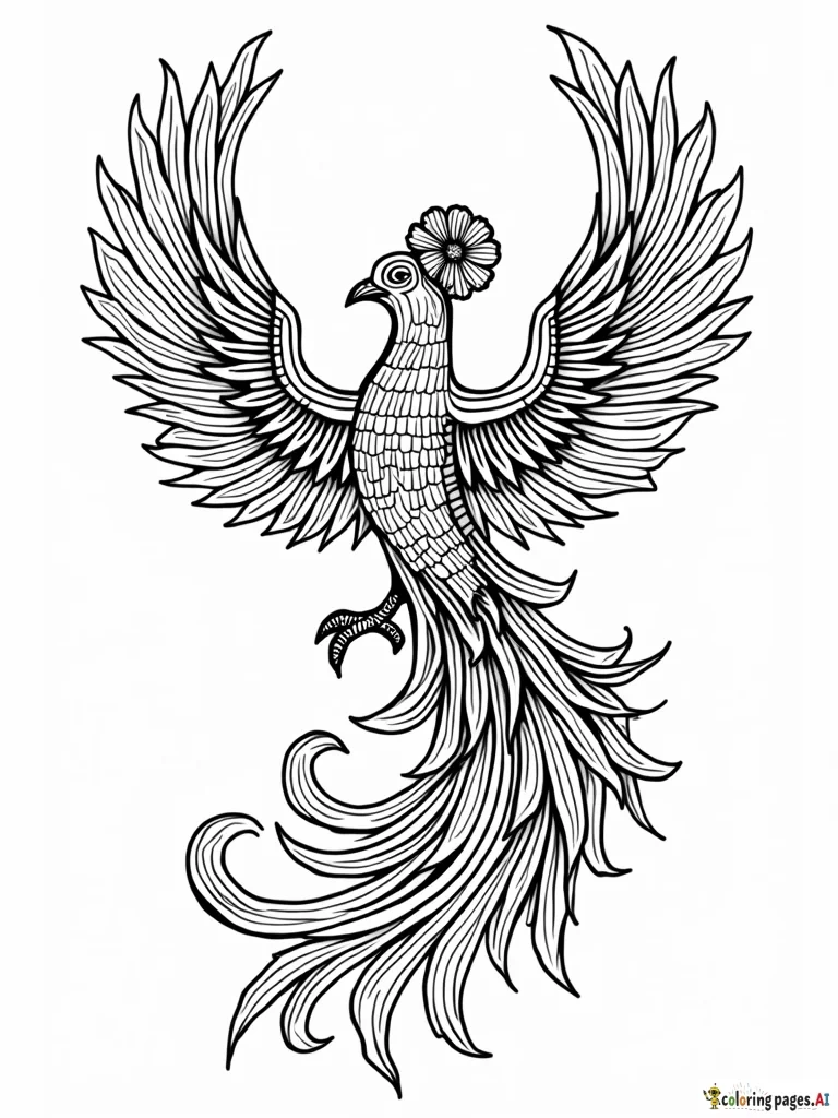 adult coloring page, 8k, line art black and white, paisley design with phoenix and flowers