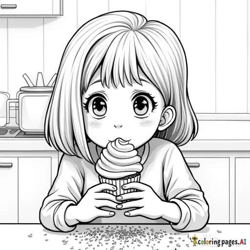A 14-year-old-girl eating a cupcake with sprinkles in the kitchen