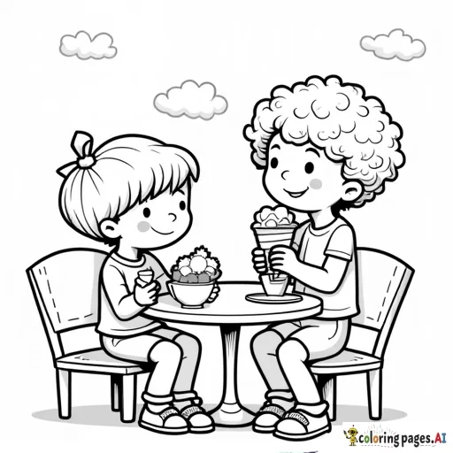 A 4-year-old boy and a 6-year-old curly-haired girl are sitting with their father at a tea garden (café) that has a children's playground. They are happily eating ice cream together. Draw this scene as a coloring page.