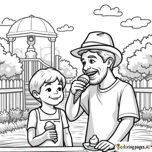 A 4-year-old boy eating ice cream with his father in a tea garden that has a children's playground, illustrated as a coloring page.