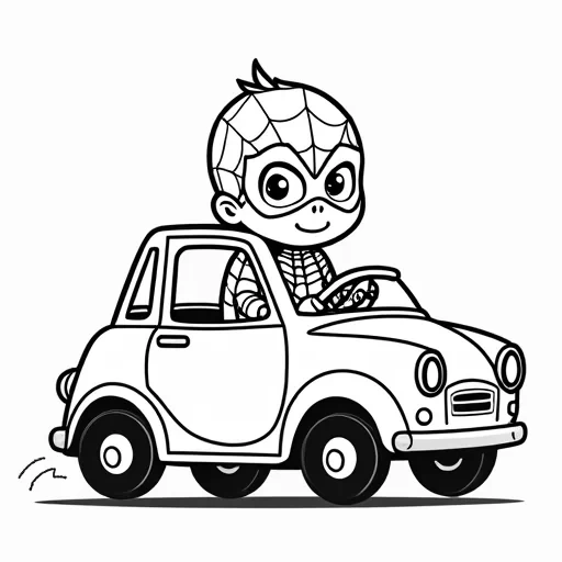 A 4-year-old boy wearing a unique spider-themed superhero costume (with original, non-copyright designs) is sitting inside a closed cartoon-style car, pretending to drive. The car is drawn in a simple, rounded, and playful cartoon style, with visible doors, windows, and a steering wheel. The boy looks happy and engaged, holding the steering wheel, with his superhero mask and costume clearly visible. The background is minimal, focusing on the boy and the car. The image is in black and white, created as a coloring page.