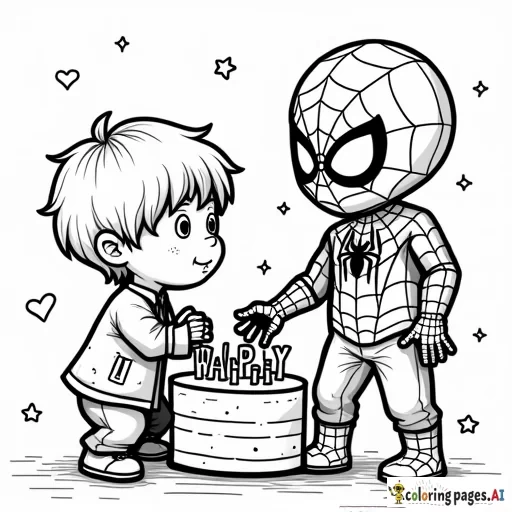 a 5 year old boy and spiderman celebrating a birthday