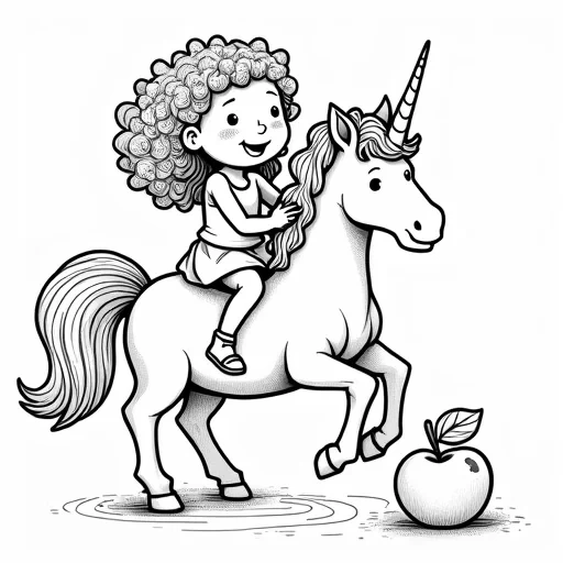 a 5-year-old girl with curly hair riding a unicorn while picking apples from an apple333