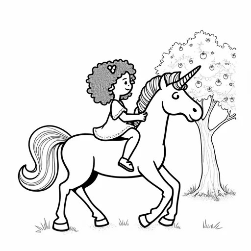 a 5-year-old girl with curly hair riding a unicorn while picking apples from an apple tree