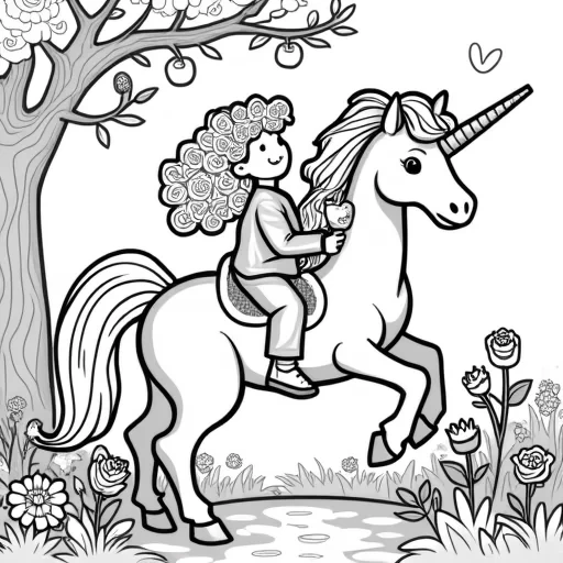 a 5-year-old girl with curly hair riding a unicorn while picking apples from an apple tree. The unicorn has a flowing mane and tail, and the scene includes a whimsical garden filled with rose bushes. The design should consist of clean, detailed outlines without shading, perfect for children to color in.