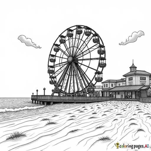 a beach boardwalk scene with a large ferriswheel