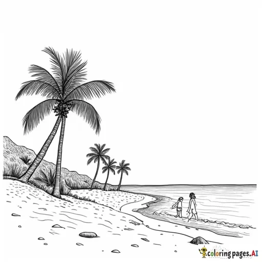 a beach scene with palm trees and people walking on the beach