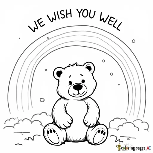 A  bear sitting under a rainbow with We Wish You Well above the rainbow