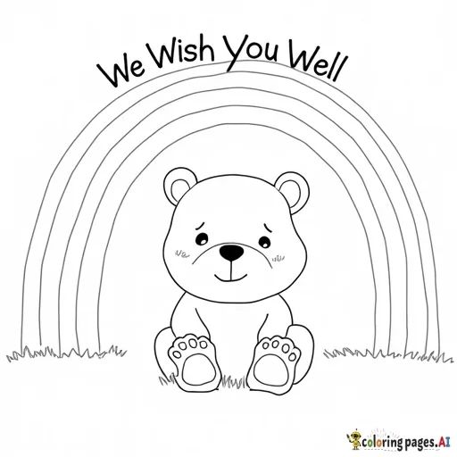 A  bear sitting under a rainbow with We Wish You Well above the rainbow