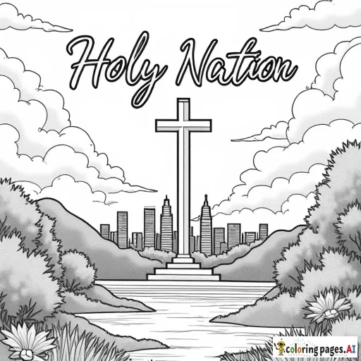 A beautiful, peaceful city skyline with a large cross standing tall in the center, surrounded by nature—trees, flowers, and animals, illustrating the concept of a "holy nation." In the sky above, the words "Holy Nation" are written in elegant, flowing script.