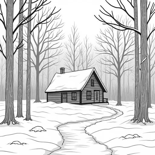 A beautiful winter scene of a forest with a cabin