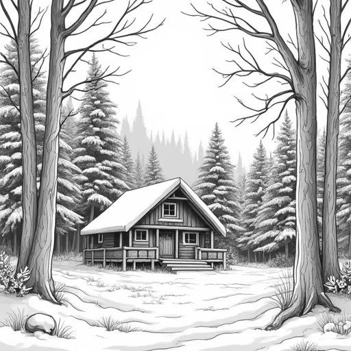 A beautiful winter scene of a forest with a cabin