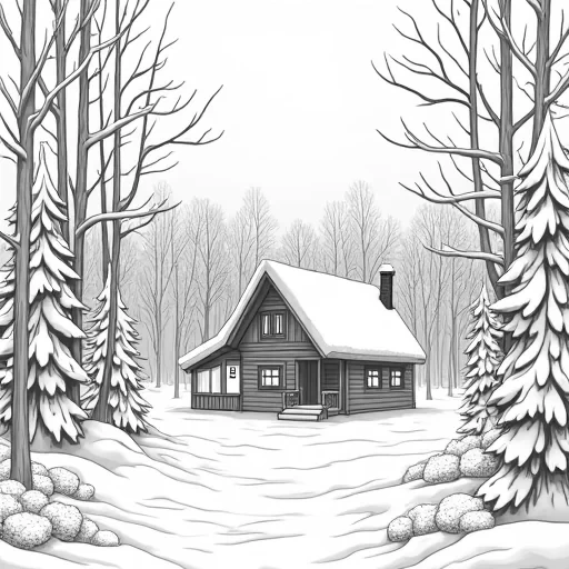 A beautiful winter scene of a forest with a cabin