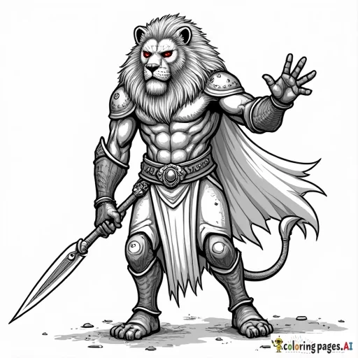 a big strong fhuminoid lion glowing eyes armor darck undead magic and spear