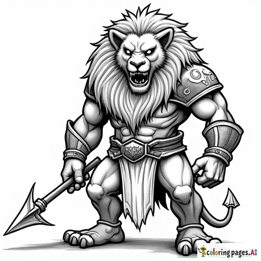 a big strong fhuminoid lion glowing eyes armor darck undead magic and spear