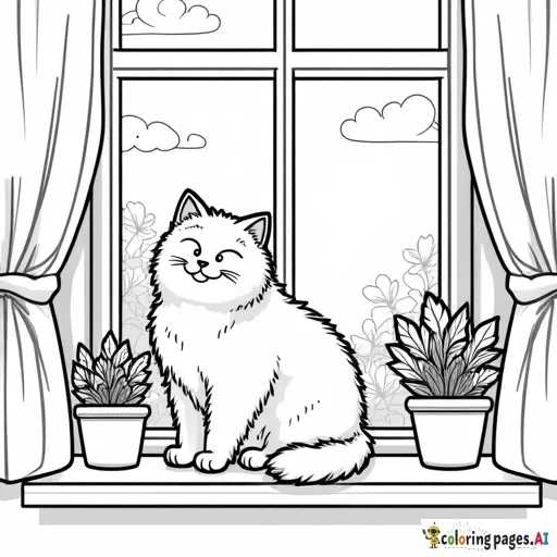 a black and white coloring book image of A fluffy cat on a windowsill with plants and a garden view, featuring soft curtains. Style: Whimsical, cartoonish line art with bold outlines. Complexity: Simple designs to promote relaxation. Elements: Warm lighting, soft textiles, and nature touches for hygge appeal.