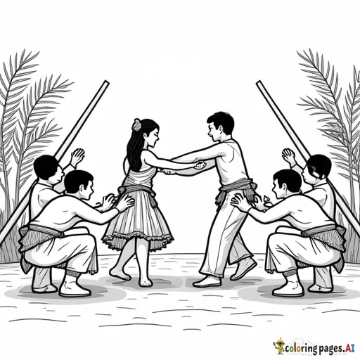 "A black-and-white coloring book style illustration of a traditional Filipino Tinikling dance. Two dancers are depicted mid-dance, stepping gracefully between two long bamboo poles that are parallel to each other on the ground. The bamboo poles are held by four participants, two on each side, who are squatting and clapping the poles together in rhythm. The dancers in the middle are avoiding the poles with their feet. The female dancer wears a traditional patadyong or balintawak dress, while the male dancer is dressed in a barong tagalog and red trousers. The background includes a simple stage setting with tropical decorations like a nipa hut and native patterns. The design uses thick outlines and minimal shading, suitable for children to color."