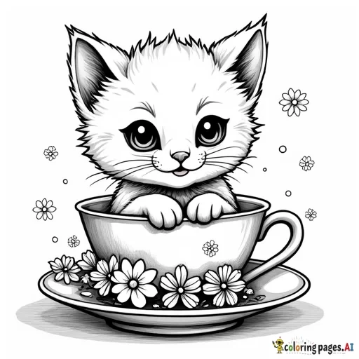 A black and white coloring page, a tiny kitten with big eyes, sitting in a teacup surrounded by colorful flowers and sparkles,intricate line art,high-quality line drawing,clean line art,no gray shading,detailed line illustration,no imperfections,beautiful design,fine lines,printable coloring page,perfectly clean design,smooth lines, no blurs,crisp black outlines,no color