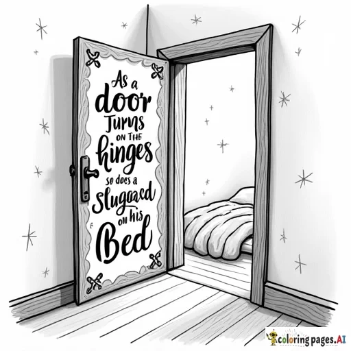 A black and white coloring page design with the Verse: "As a door turns on its hinges, so does a sluggard on his bed."  Design Concept:  Typography:  "As a door turns on its hinges" is styled in graceful, looping cursive. The flowing letters mimic the arc of a turning door, creating a sense of circular motion. Around the words, faint outlines of an ornate door hinge provide a subtle decorative element, reinforcing the verse's imagery. "so does a sluggard on his bed" is written in bold, rigid, uppercase lettering, with slight cracks and cobwebs drawn across the letters to symbolize stagnation and decay from inactivity. Central Illustration:  A half-open door takes center stage, illustrated with intricate wood patterns and sturdy hinges, swinging outward to reveal light and opportunity beyond. Behind the door, a faint silhouette of a bed appears. The bed is simple but unkempt, with loose blankets draped over it, symbolizing the idleness described in the verse. Surrounding Elements:  Top Border: A decorative arch of turning gears and leaves frames the top of the design, symbolizing motion, growth, and the need for action. Bottom Border: A series of cobblestones forming a path lead outward from the door, suggesting a way forward when one chooses diligence over laziness. Encouraging Details:  Subtle rays of light emerge from behind the door, reinforcing the call to step into a new day with purpose. The hinges of the door are adorned with tiny symbols of movement, such as arrows or flowing swirls, subtly encouraging forward action.