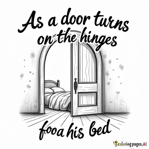 A black and white coloring page design with the Verse: "As a door turns on its hinges, so does a sluggard on his bed."  Design Concept:  Typography:  "As a door turns on its hinges" is styled in graceful, looping cursive. The flowing letters mimic the arc of a turning door, creating a sense of circular motion. Around the words, faint outlines of an ornate door hinge provide a subtle decorative element, reinforcing the verse's imagery. "so does a sluggard on his bed" is written in bold, rigid, uppercase lettering, with slight cracks and cobwebs drawn across the letters to symbolize stagnation and decay from inactivity. Central Illustration:  A half-open door takes center stage, illustrated with intricate wood patterns and sturdy hinges, swinging outward to reveal light and opportunity beyond. Behind the door, a faint silhouette of a bed appears. The bed is simple but unkempt, with loose blankets draped over it, symbolizing the idleness described in the verse. Surrounding Elements:  Top Border: A decorative arch of turning gears and leaves frames the top of the design, symbolizing motion, growth, and the need for action. Bottom Border: A series of cobblestones forming a path lead outward from the door, suggesting a way forward when one chooses diligence over laziness. Encouraging Details:  Subtle rays of light emerge from behind the door, reinforcing the call to step into a new day with purpose. The hinges of the door are adorned with tiny symbols of movement, such as arrows or flowing swirls, subtly encouraging forward action.