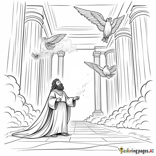 A black-and-white coloring page for children illustrating the vision of Isaiah in the temple. The scene shows the Lord seated on a high and exalted throne, with the hem of His robe flowing down and filling the temple. Above Him, seraphim with six wings hover gracefully—two wings covering their faces, two covering their feet, and two outstretched for flying. One seraph holds a glowing coal with tongs from the altar and is flying toward Isaiah. Isaiah stands below, overwhelmed, with an expression of awe and humility. Smoke fills the temple, symbolizing God’s presence, and the doorposts appear to tremble. The background includes tall temple pillars, but the focus remains on Isaiah, the seraphim, and the Lord’s presence. The overall style is child-friendly, with clear, simple outlines and plenty of space for coloring. The mood is reverent and majestic.