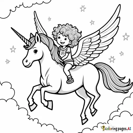 A black and white coloring page of a 5-year-old curly-haired girl riding a majestic winged unicorn with a shimmering horn. The unicorn is soaring through the sky, surrounded by fluffy clouds and twinkling stars. The girl's expression is joyful as she holds onto the unicorn's mane, her hair flowing in the wind. The scene has magical elements, with sparkling details on the unicorn's horn and wings, and a sense of wonder fills the sky. Simple, clear outlines make this perfect for a coloring page.