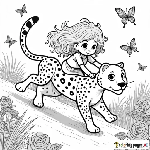 A black and white coloring page of a 5-year-old curly-haired girl named Almila riding a cheetah at full speed, escaping playful dragons in pursuit. Almila holds onto the cheetah with excitement and determination, while butterflies flutter around them and roses bloom along their path. The scene is adventurous and whimsical, with a magical atmosphere, clear outlines, and delightful details perfect for a coloring page.