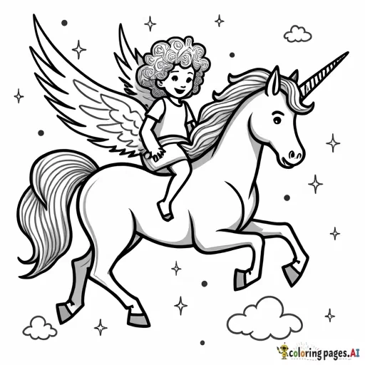 A black and white coloring page of a 5-year-old curly-haired girl riding a majestic winged unicorn with a shimmering horn. The unicorn is soaring through the sky, surrounded by fluffy clouds and twinkling stars. The girl's expression is joyful as she holds onto the unicorn's mane, her hair flowing in the wind. The scene has magical elements, with sparkling details on the unicorn's horn and wings, and a sense of wonder fills the sky. Simple, clear outlines make this perfect for a coloring page.