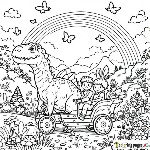 A black and white coloring page of a dinosaur pulling a carriage. In the carriage, a 3-year-old boy and his father sit, enjoying the ride. Around them, rabbits hop, butterflies flutter, and flowers bloom. Above, a rainbow stretches across the sky. The scene is peaceful and magical, with clear outlines perfect for coloring, showcasing the enchanted landscape filled with whimsical details.