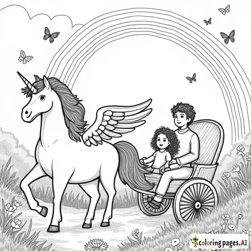 A black and white coloring page of a winged unicorn pulling a carriage. In the carriage, a curly-haired 5-year-old girl and her father sit, enjoying the ride. Around them, rabbits hop, butterflies flutter, and flowers bloom. Above, a rainbow stretches across the sky. The scene is peaceful and magical, with clear outlines perfect for coloring, showcasing the enchanted landscape filled with whimsical details.
