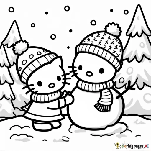 A black and white coloring page of Hello Kitty building a snowman. Both Hello Kitty and the snowman are wearing scarves. The scene is set in a festive New Year's atmosphere, with snow-covered pine trees in the background, snowflakes gently falling, and holiday decorations on the trees. The outlines are simple and clear, perfect for coloring.