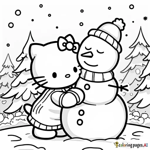 A black and white coloring page of Hello Kitty building a snowman. Both Hello Kitty and the snowman are wearing scarves. The scene is set in a festive New Year's atmosphere, with snow-covered pine trees in the background, snowflakes gently falling, and holiday decorations on the trees. The outlines are simple and clear, perfect for coloring.