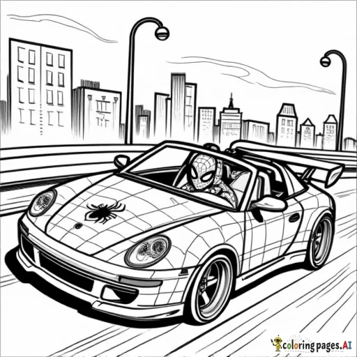 A black and white coloring page of Spider-Man driving a sporty car with spider web designs on the hood and doors. Spider-Man is seated at the wheel, looking focused yet cool, with one hand on the wheel and the other ready to take action. The background includes a cityscape with tall buildings and streetlights, creating an adventurous urban setting. Clear, simple outlines make it perfect for a coloring page
