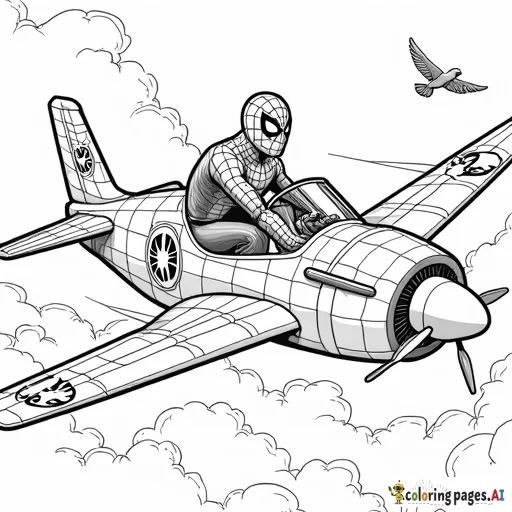 A black and white coloring page of Spider-Man piloting an airplane, seated in the cockpit with his hands on the controls. The airplane has a sleek design with spider web patterns on its wings and body, reflecting Spider-Man’s iconic style. The sky is filled with clouds, and a few birds are flying alongside, adding a sense of movement. Spider-Man looks focused and adventurous, ready to take on the skies. Clear outlines make it ideal for a coloring page.