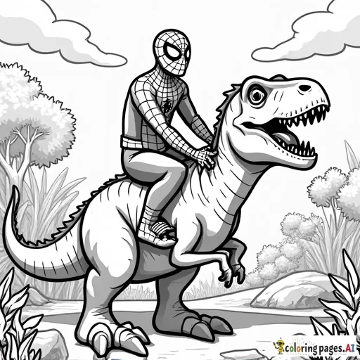 A black and white coloring page of Spider-Man riding on the back of a large, friendly dinosaur. Spider-Man is in his iconic web-slinging pose, holding onto the dinosaur as they move through a lively scene. The background includes lush trees, rocks, and playful animals to create a dynamic adventure setting. The outlines are simple and clear, making it perfect for coloring.