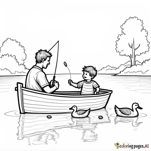 A black and white drawing of a 3-year-old boy and his father in a small boat on a peaceful lake.  The father is fishing with a rod, while the boy is happily tossing pieces of bread to the ducks swimming nearby.  Simple, clear outlines show the boat, the calm water, the ducks, and distant trees, creating a relaxing scene perfect for coloring.