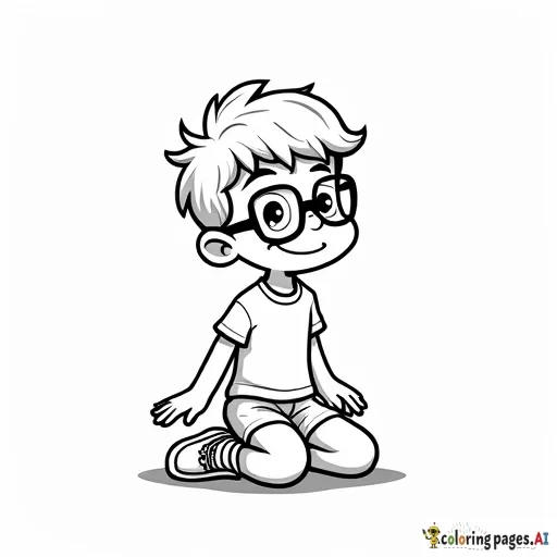 A black and white line drawing of a cute cartoon boy with glasses. the boy is kicking, wearing a white t-shirt and shorts, with a brave smile on his face. he has short, spiky brown hair . He is on is knees