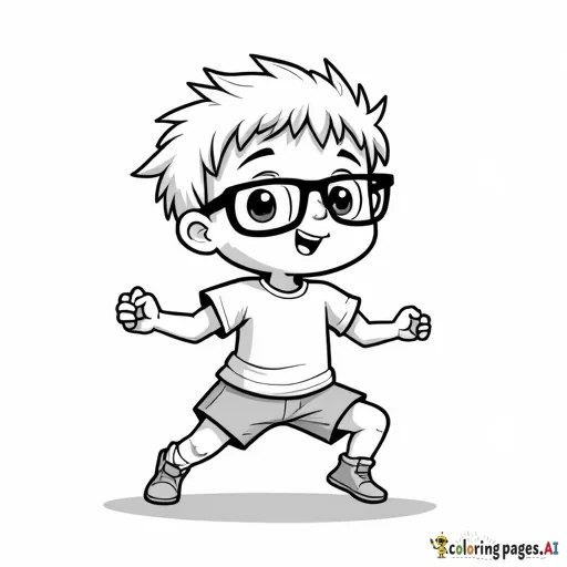 A black and white line drawing of a cute cartoon boy with glasses. the boy is kicking, wearing a white t-shirt and shorts, with a brave smile on his face. he has short, spiky brown hair . He is on is knees