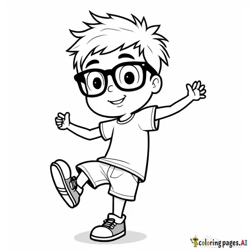 A black and white line drawing of a cute cartoon boy with glasses. the boy is kicking, wearing a white t-shirt and shorts, with a brave smile on his face. he has short, spiky brown hair
