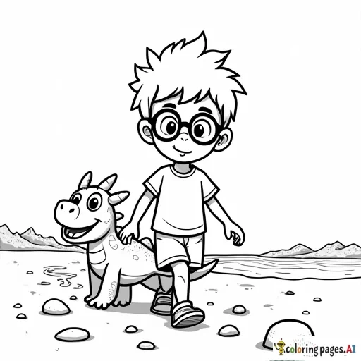 A black and white line drawing of a cute cartoon boy with glasses and a small dragon. the boy is walking on a sandy beach, wearing a white t-shirt and shorts, with a big smile on his face. he has short, spiky brown hair The boy is grabbing a few small rocks scattered around, adding to the playful and whimsical atmosphere of the scene.