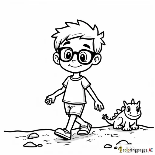 A black and white line drawing of a cute cartoon boy with glasses and a small dragon. the boy is walking on a sandy beach, wearing a white t-shirt and shorts, with a big smile on his face. he has short, spiky brown hair The boy is grabbing a few small rocks scattered around, adding to the playful and whimsical atmosphere of the scene.