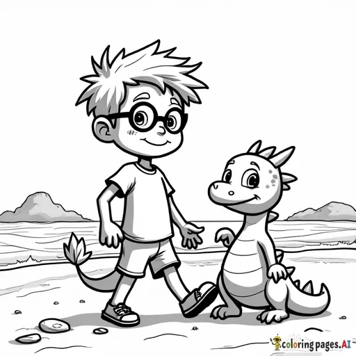 A black and white line drawing of a cute cartoon boy with glasses and a small dragon. the boy is walking on a sandy beach, wearing a white t-shirt and shorts, with a big smile on his face. he has short, spiky brown hair The boy is grabbing a few small rocks scattered around, adding to the playful and whimsical atmosphere of the scene.