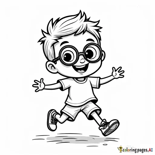 A black and white line drawing of a cute cartoon boy with glasses. the boy is kicking, wearing a white t-shirt and shorts, with a brave smile on his face. he has short, spiky brown hair , adding to the playful and whimsical atmosphere of the scene.