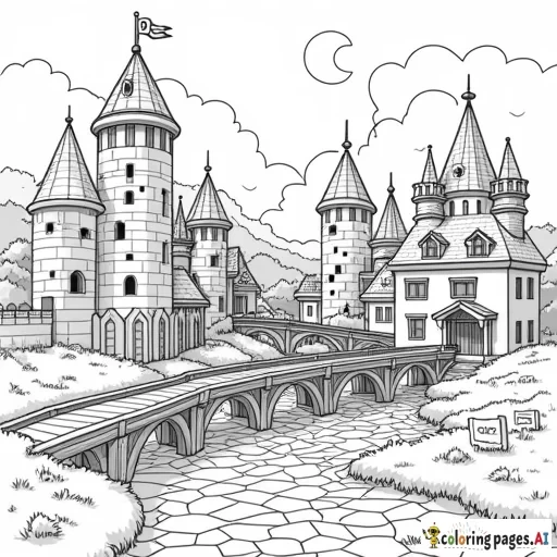 A blocky medieval village with tall stone towers, wooden bridges, and cobblestone streets, all designed in voxel style for a children’s coloring book.