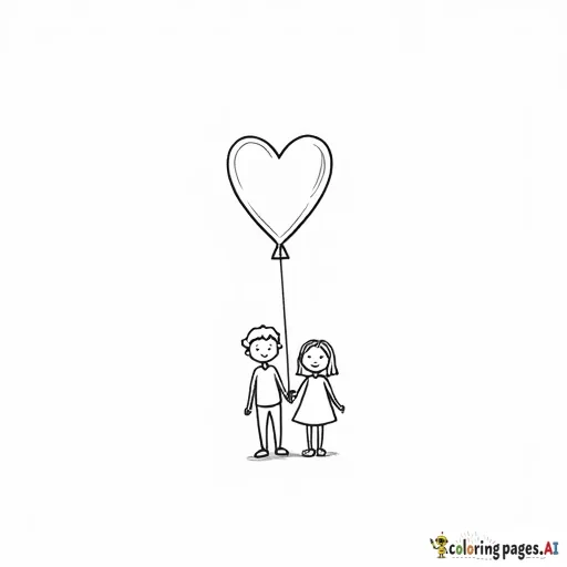 a boy and a girl hanging from a heart shaped balloon, holding hands. the balloon is vertically on top, then the girl and she's holding the boy's hand