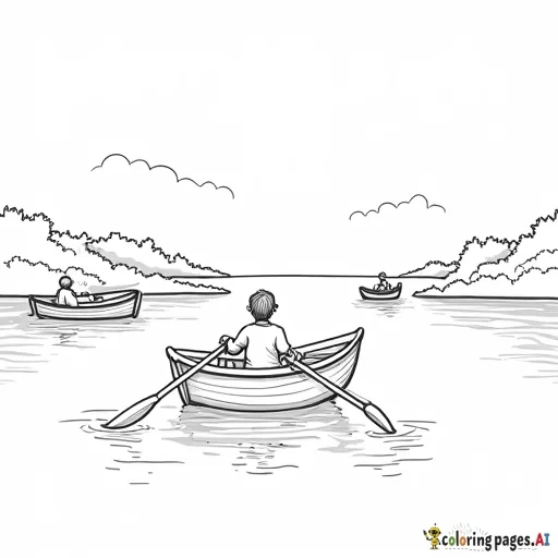 A boy in a small boat, rowing on a calm lake with big and small boats in the background.