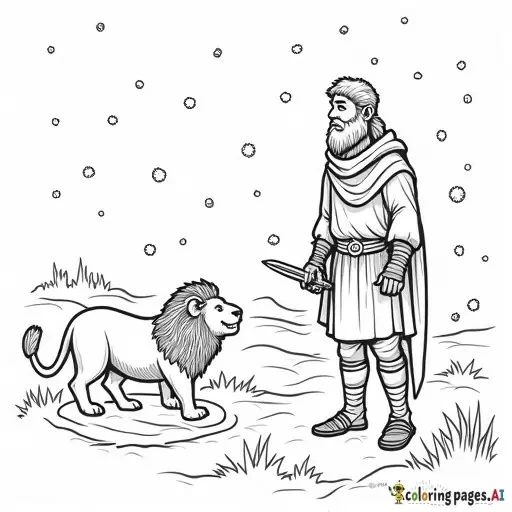 A brave Bible warrior named Benaiah stands near a pit on a snowy day with a lion inside the pit. He is holding a sword and looks fearless. Include a banner that says ‘Chase the Lion!’ and the Bible verse ‘2 Samuel 23:20’ at the bottom. Make it a simple black and white coloring page for kids ages 5–10 - Free Printable Coloring Page